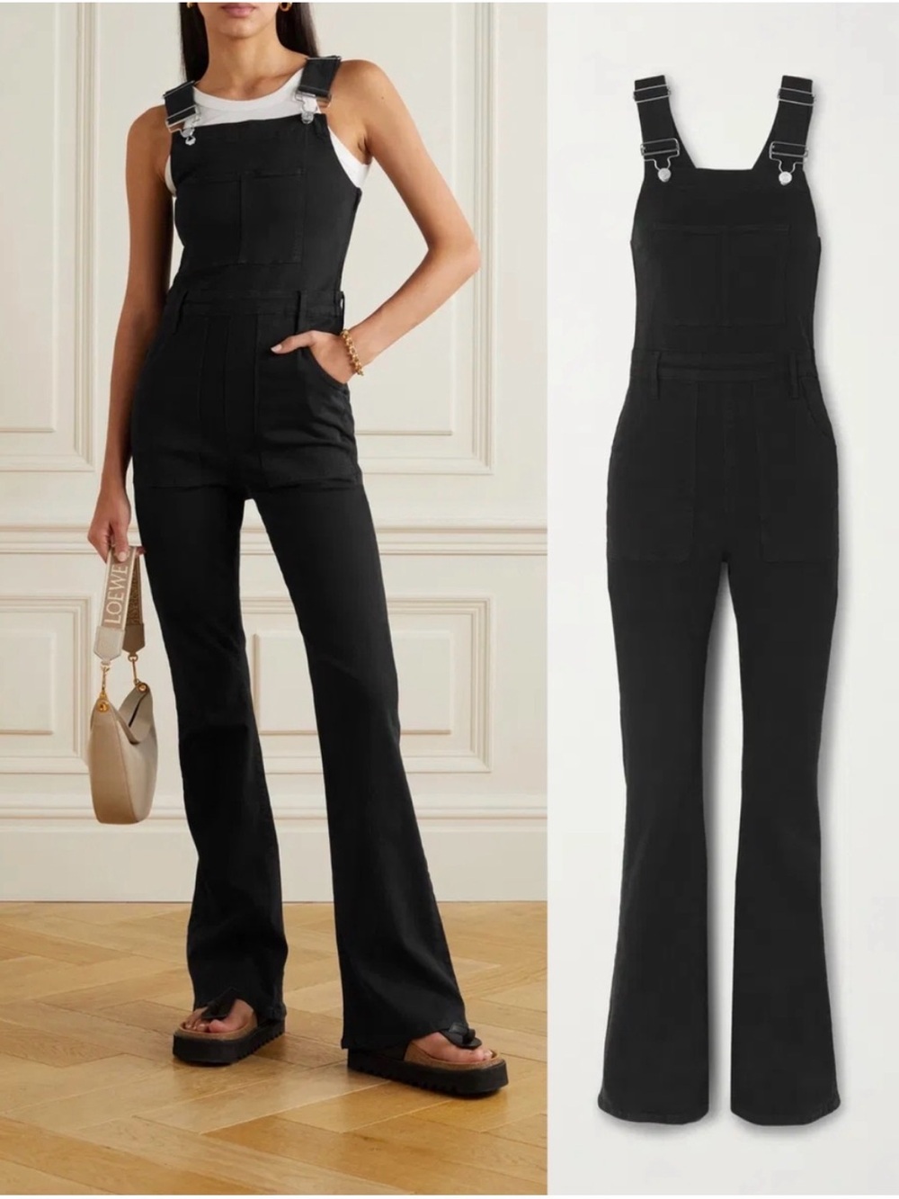 FRAME Denim Black Velour Fitted Flared Overalls size M